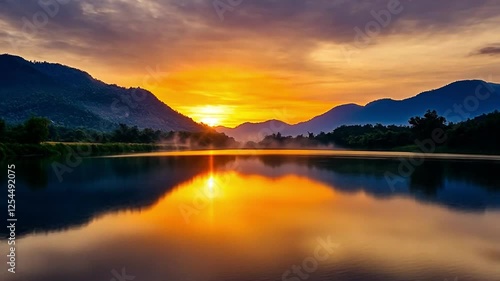 Wallpaper Mural Golden Hour Serenity: A breathtaking sunrise paints the sky with vibrant oranges and yellows, its reflection mirroring perfectly on a tranquil lake nestled amidst majestic mountains. Torontodigital.ca