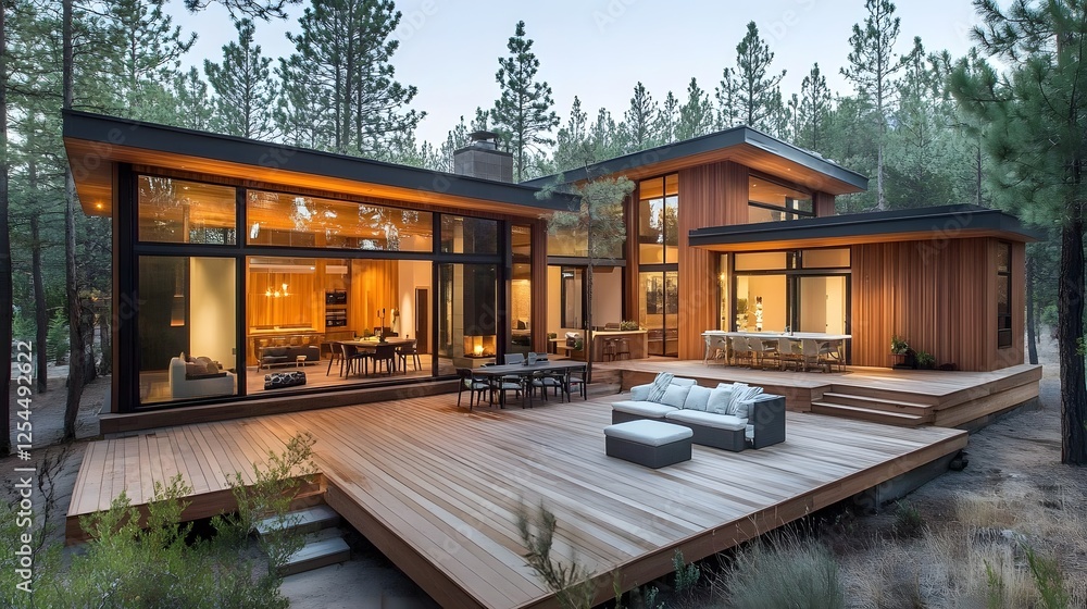 Obraz premium A modern vacation home with large open spaces, a beautiful wooden deck, and seamless indoor-outdoor living