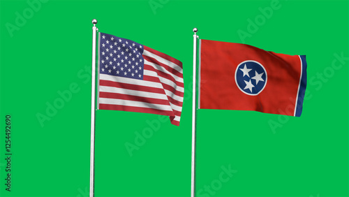 Tennessee and American Flag together. High detailed waving flag of Tennessee and USA. Tennessee state flag. USA. 3D Illustration.