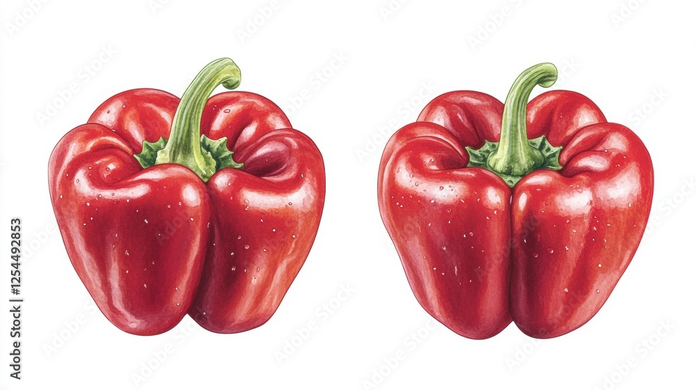 Fresh Pair of Vibrant Red Bell Peppers with Glossy Skin and Crisp Green Stems Fresh Pair of Vibrant Red Bell Peppers with Glossy Skin and Crisp Green Stems