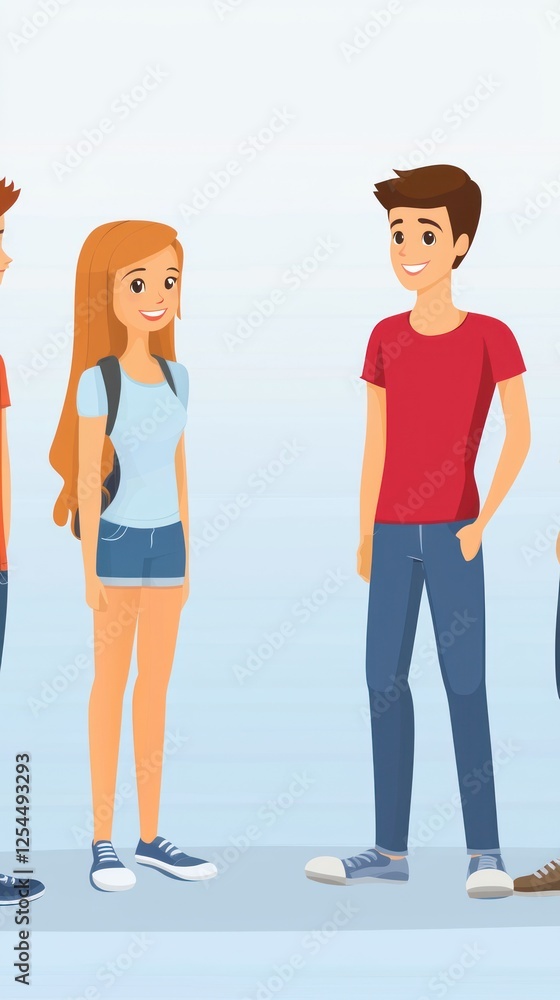 Fototapeta premium Happy teens chatting, school hallway background, friendship, education
