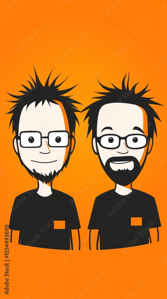 Naklejka premium Cartoon duo, orange background, smiling, teamwork. For website, app, or social media
