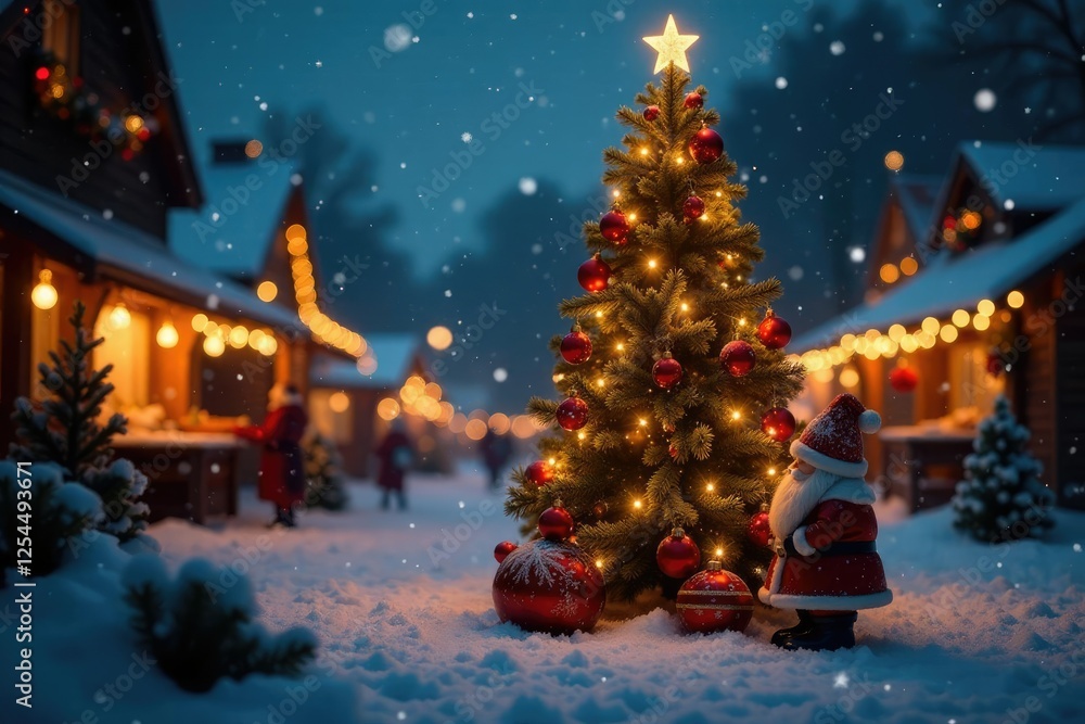 Fototapeta premium Der Christbaum ist mit Kugeln und Weihnachtsm?nnchen umgeben, christbaum, weihnachtsmarkt