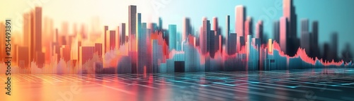 A vibrant city skyline with abstract data visualization, featuring colorful graphs and reflections on water, symbolizing finance and technology.