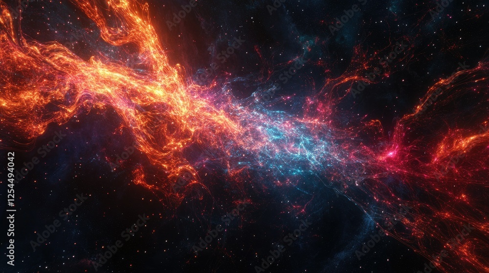 Naklejka premium Vibrant Cosmic Nebula with Fiery Orange and Cool Blue Elements