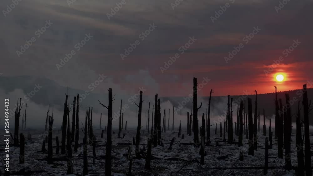 burnt forest at sunset with dramatic sky, nature recovery and sunset beauty concept burnt forest at sunset with dramatic sky, nature recovery and sunset beauty concept