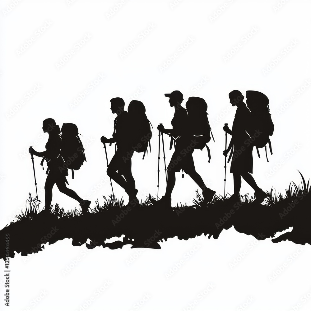 Obraz premium Silhouetted Hikers Trekking Through Scenic Landscape at Dusk on a Hiking Adventure in Nature's Splendor