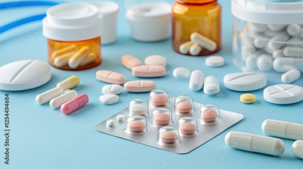 Bunch of assorted pills next to an open bottle of medicine on a clean white surface Bunch of assorted pills next to an open bottle of medicine on a clean white surface