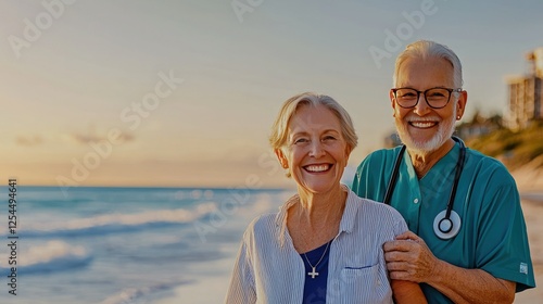 A joyful elderly couple stands on the beach during sunset, radiating happiness and love, with a healthcare professional wearing scrubs and a stethoscope.