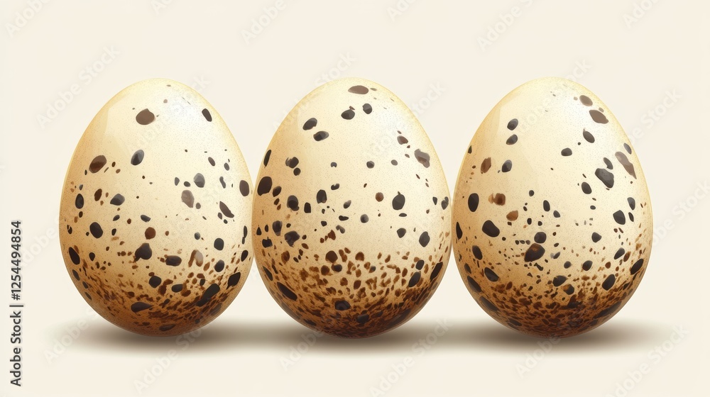 Three Speckled Eggs Displayed Together on a Light Background in a Natural Setting Three Speckled Eggs Displayed Together on a Light Background in a Natural Setting