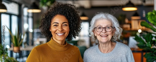 A warm, friendly image of two women smiling together in a cozy, plant-filled cafe setting, showcasing a generational bond.