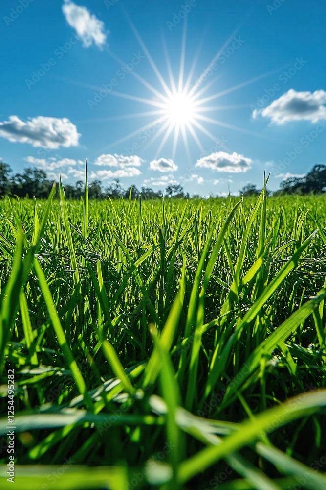 Obraz premium Bright sunlight over green grass field with blue sky and white clouds in a sunny day