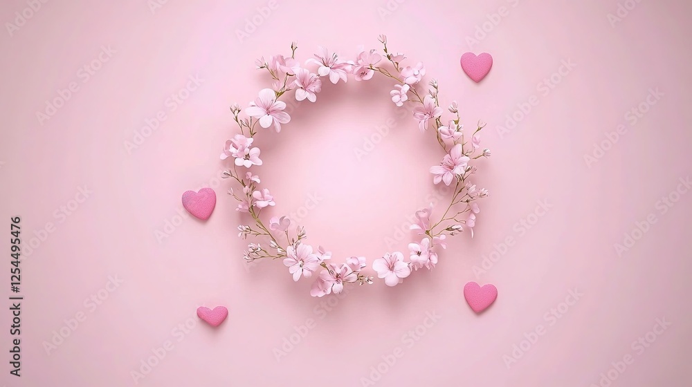 Obraz premium Soft Pink Background with Delicate Flowers and Little Hearts Forming an Elegant Valentine's Day Wreath. Romantic Atmosphere for Social Media, Packaging Design, and Digital Marketing.