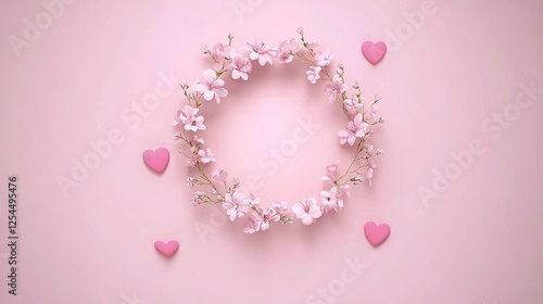 Soft Pink Background with Delicate Flowers and Little Hearts Forming an Elegant Valentine's Day Wreath. Romantic Atmosphere for Social Media, Packaging Design, and Digital Marketing.  photo