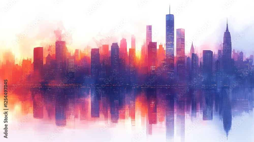 Fototapeta premium Vibrant watercolor cityscape skyline reflecting on water at sunrise/sunset.