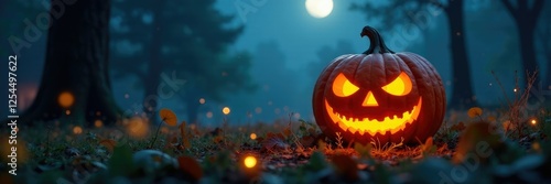 Glowing fireflies surround a jack-o-lantern in a spooky landscape at night, night, spooky, autumn