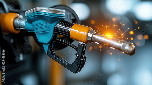 High tech fuel pump nozzle dispensing gasoline with glowing effects, showcasing modern technology in fuel delivery
