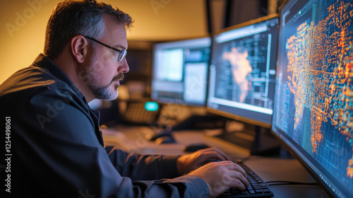 A man analyzing data on multiple screens in a darkened office.