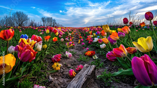Vibrant field of tulips in full bloom with a winding path under a colorful sky at sunset