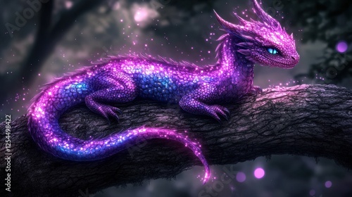 Purple dragonet on branch, magical forest, fantasy art, book cover photo