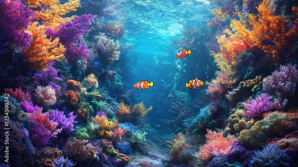 Naklejka premium Colorful Coral Reef with Vibrant Fish in Underwater Paradise Scene