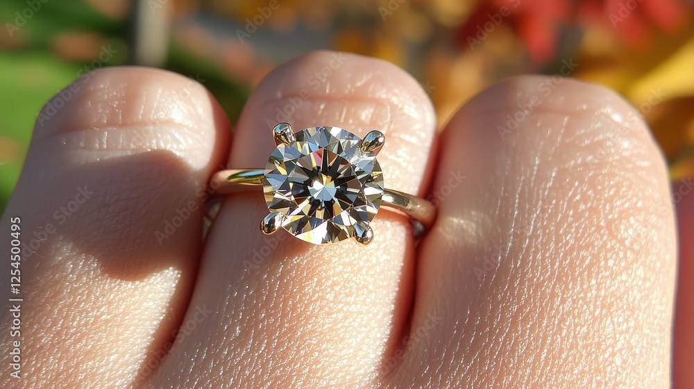 Obraz premium Close-up of Sparkling Engagement Ring with Diamond on Hand