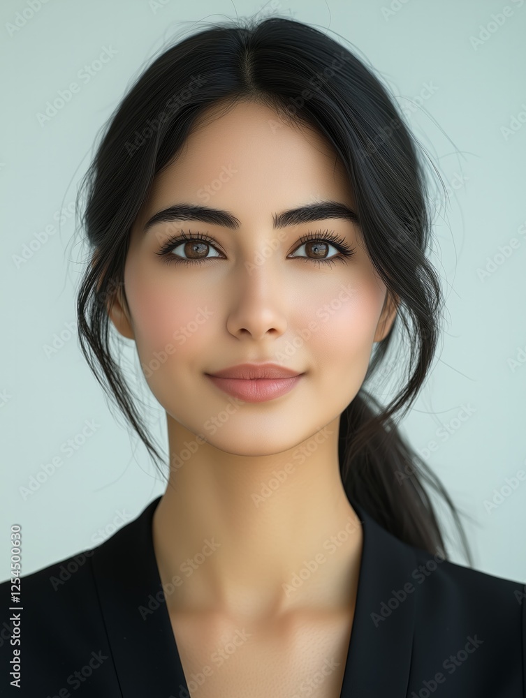 Pakistani businesswoman smiling with natural makeup and black jacket Pakistani businesswoman smiling with natural makeup and black jacket