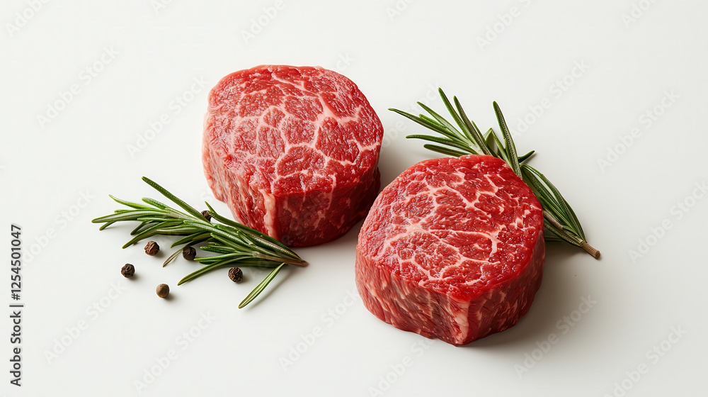 Fresh Wagyu beef steaks with marbling, garnished with rosemary and peppercorns, perfect for gourmet cooking Fresh Wagyu beef steaks with marbling, garnished with rosemary and peppercorns, perfect for gourmet cooking