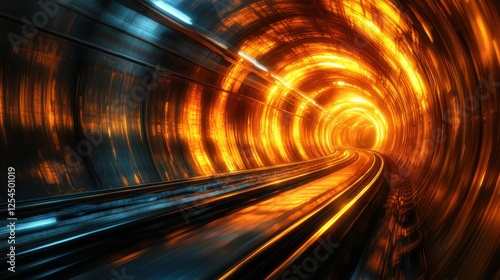Futuristic train speeds through glowing orange tunnel