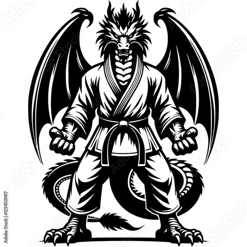 Karateka dragon stands in fighting stance ready for tournament in monochrome. Wild competitor animal looks confidence. Tattoo minimalistic vector in black ink drawing on transparent background