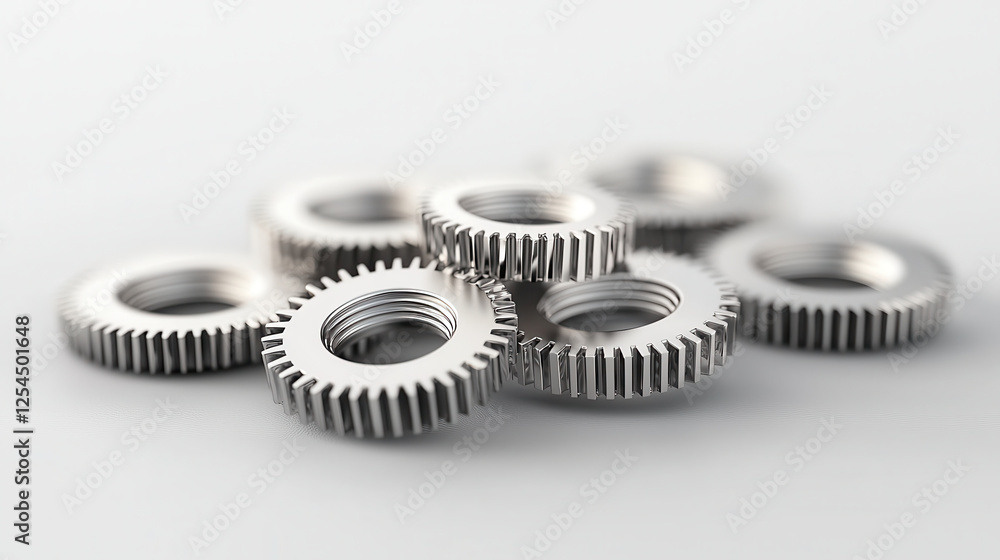 High resolution 3D illustration of metallic gears stacked together, showcasing intricate details and reflections. Perfect for industrial design and engineering concepts High resolution 3D illustration of metallic gears stacked together, showcasing intricate details and reflections. Perfect for industrial design and engineering concepts