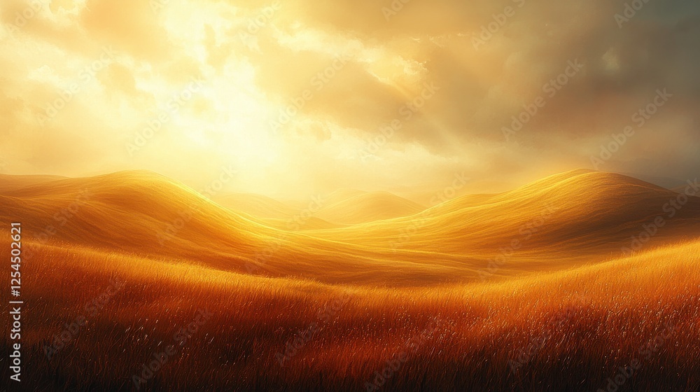 Obraz premium Golden Hour Landscape: Sunlit Hills and Fields