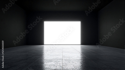 Dark room with a brightly illuminated, open doorway at the far end. Creates a sense of mystery, opportunity, or escape. Use for conceptual visuals, representing transitions or new beginnings.

