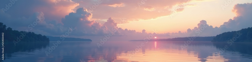 Fototapeta premium Soft wispy clouds float above a serene lake surface at dusk, clouds, evening