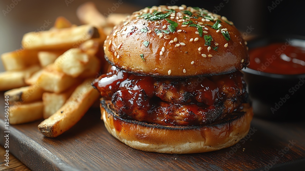 An appetizing close-up of a juicy barbecue chicken burger topped with sesame seeds, served with golden fries and a side of rich tomato ketchup, perfect for food lovers and dining e An appetizing close-up of a juicy barbecue chicken burger topped with sesame seeds, served with golden fries and a side of rich tomato ketchup, perfect for food lovers and dining e