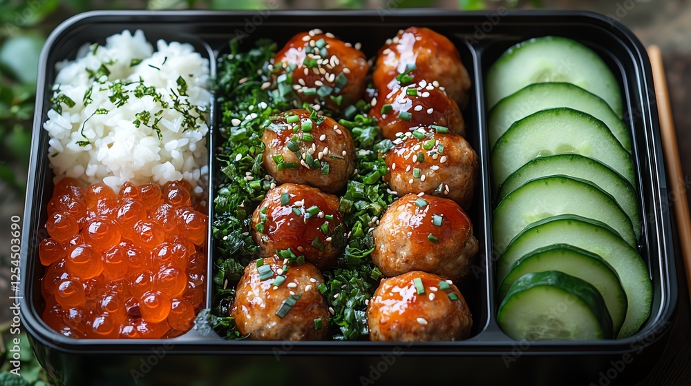 An appetizing bento box filled with delicious meatballs, rice, cucumbers, and vibrant toppings. Perfect for meal prep and showcasing Japanese cuisine artfully. An appetizing bento box filled with delicious meatballs, rice, cucumbers, and vibrant toppings. Perfect for meal prep and showcasing Japanese cuisine artfully.