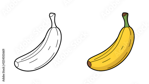 One banana coloring page with a colored example in cartoon style for kids' activities, fruit learning books, and creative fun, isolated on a white background sheet