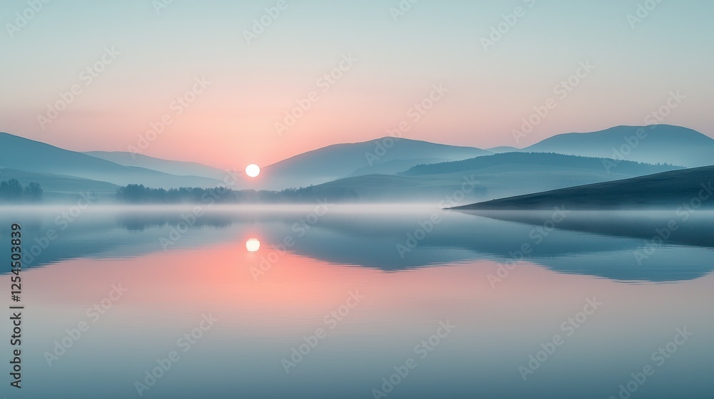 Fototapeta premium Misty Sunrise Over Calm Lake with Mountain Reflections