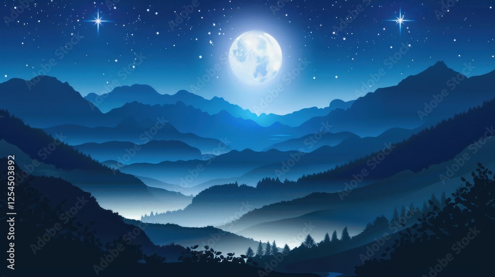 A full moon lights a misty valley mountains silhouettes and stars twinkle in the dark blue sky creating a peaceful night atmosphere. A full moon lights a misty valley mountains silhouettes and stars twinkle in the dark blue sky creating a peaceful night atmosphere.