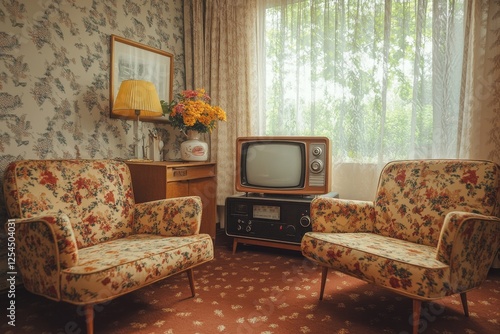 Vintage living room, floral chairs, TV, window