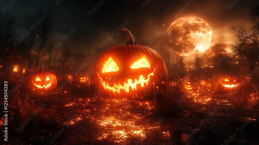 A dark abandoned carnival with flickering lights under a spooky glowing pumpkin moon A dark abandoned carnival with flickering lights under a spooky glowing pumpkin moon
