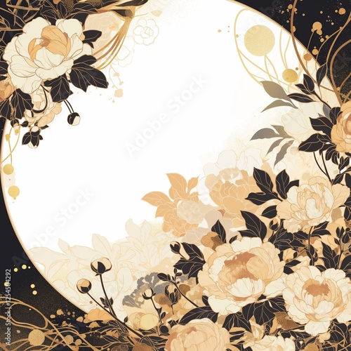 Fototapeta Naklejka Na Ścianę i Meble -  和風ゴールドデザイン｜月夜に咲く牡丹と流れる金の波模様