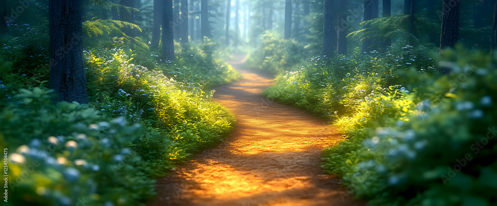 Obraz premium Sunlit Path Through Lush Green Forest