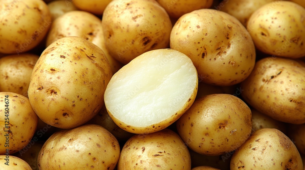 Fresh Organic Potatoes with One Sliced Half Revealing White Flesh on a Natural Background Fresh Organic Potatoes with One Sliced Half Revealing White Flesh on a Natural Background