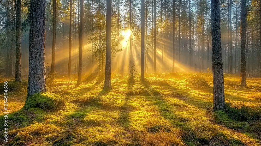 Obraz premium Sunbeams Illuminating a Misty Forest