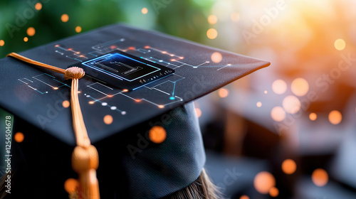 tech infused graduation cap featuring integrated sensors and digital elements symbolizes innovation in education. This modern design reflects future of learning and technology photo