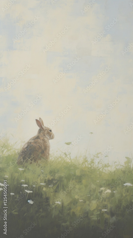 Side view of rabbit sitting on grassy field outdoors painting animal. Side view of rabbit sitting on grassy field outdoors painting animal.