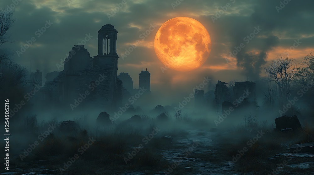 A ghostly fog rolling through a deserted village under a mysterious orange moon A ghostly fog rolling through a deserted village under a mysterious orange moon