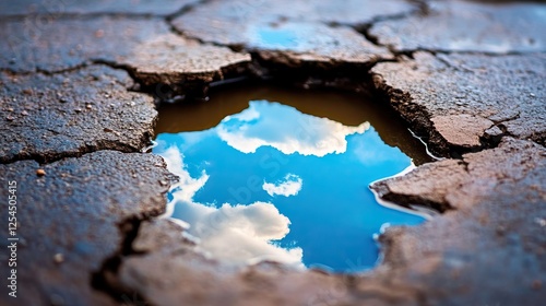 A close-up view of a cracked surface with a puddle reflecting the sky, showcasing the contrast between dry earth and water.