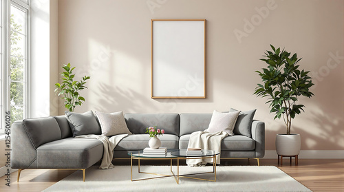 Living room interior with a gray sectional sofa, coffee table, plants, and a blank framed poster. Warm, inviting atmosphere with natural light. Suitable for interior design and lifestyle visuals.

